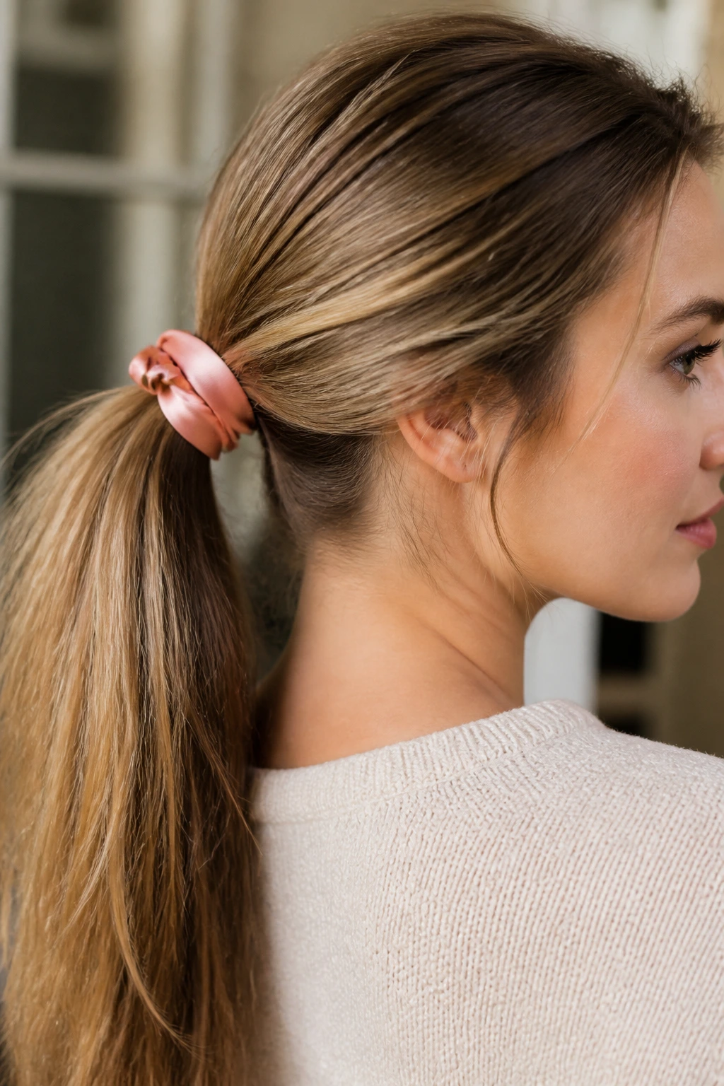 Close-up of a real woman wearing a knotted ribbon ponytail.
