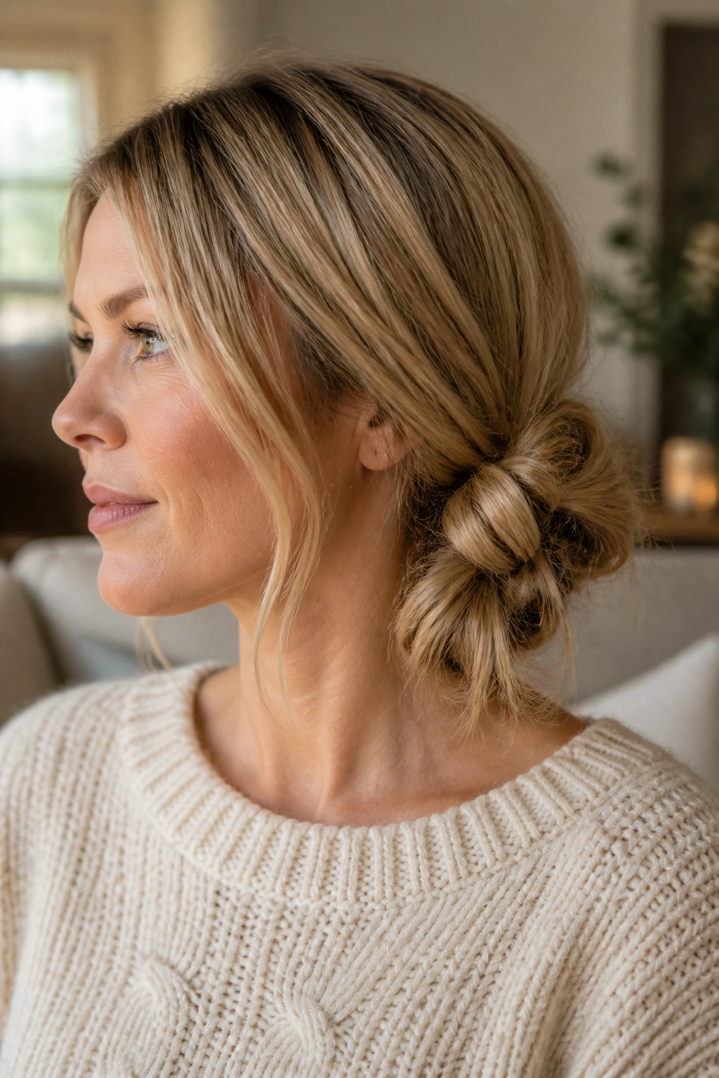 Close-up of a real woman with a knotted side bun with soft ends.