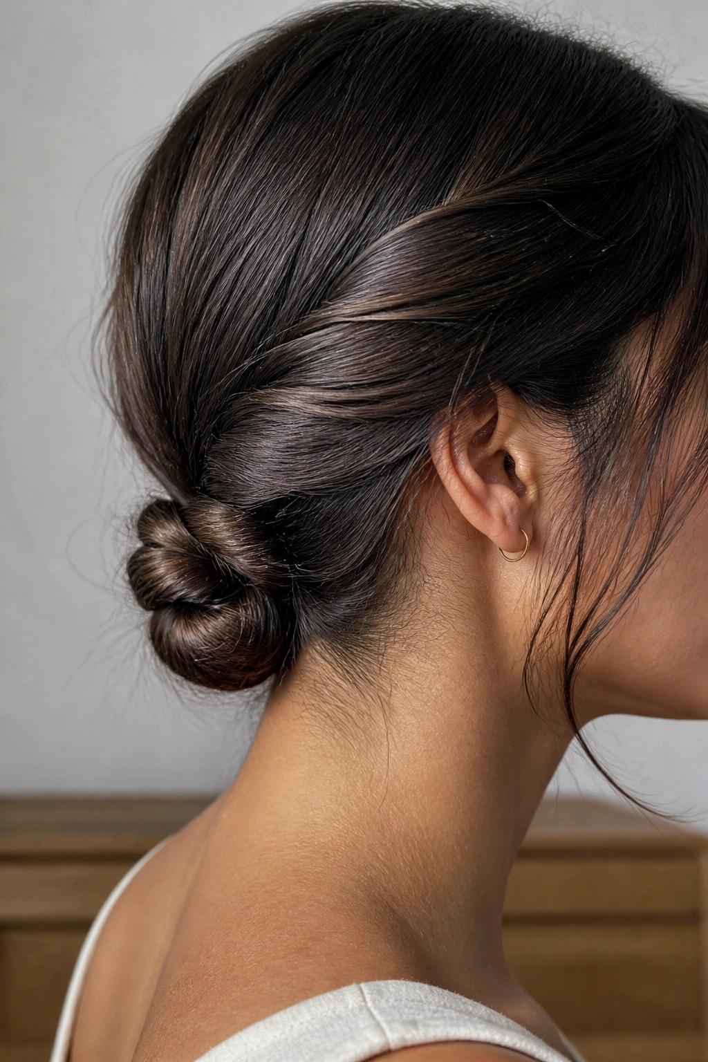 Knotted twist bun with small knot at the nape on a real woman