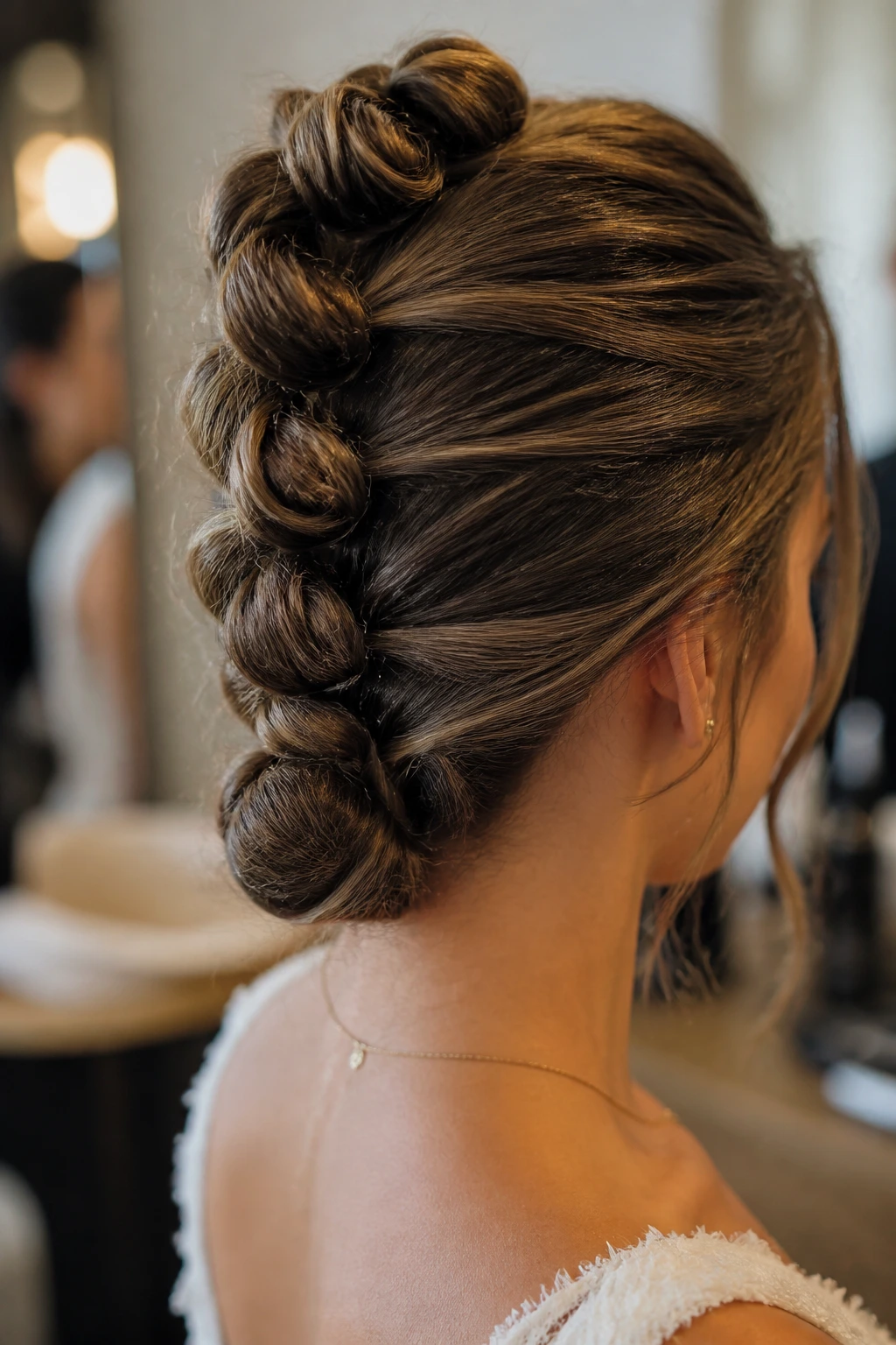 Close-up of a real woman wearing knotted twisted updo with vertical knots along the crown