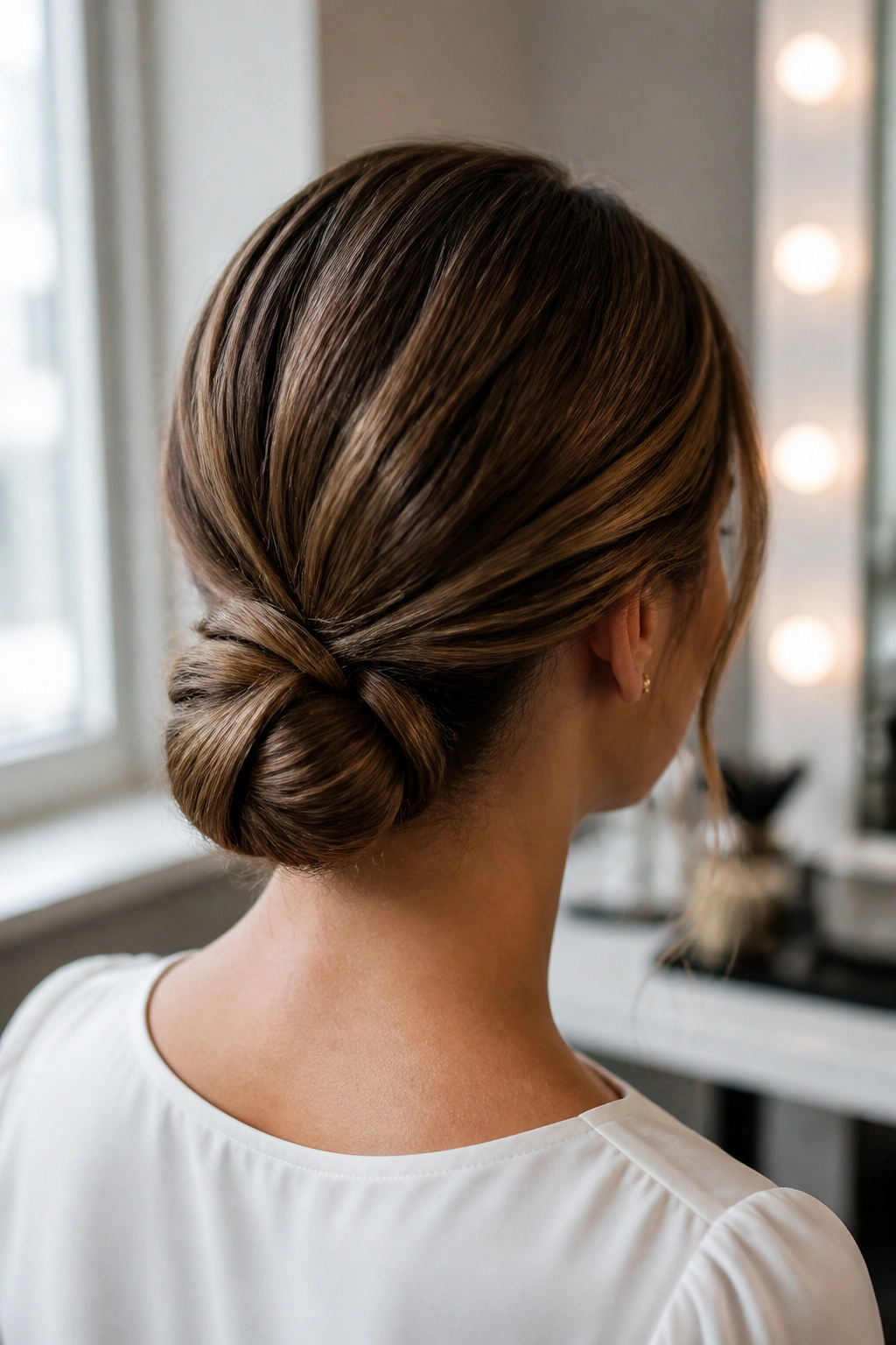 Close-up portrait of a woman with a low knotted bun at the nape
