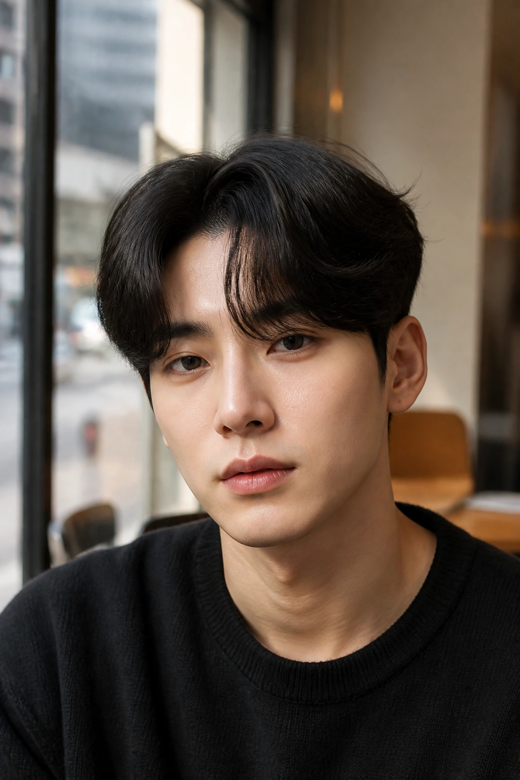 Close-up of man with Korean Curtain Hair with Tapered Sides center part and soft fringe
