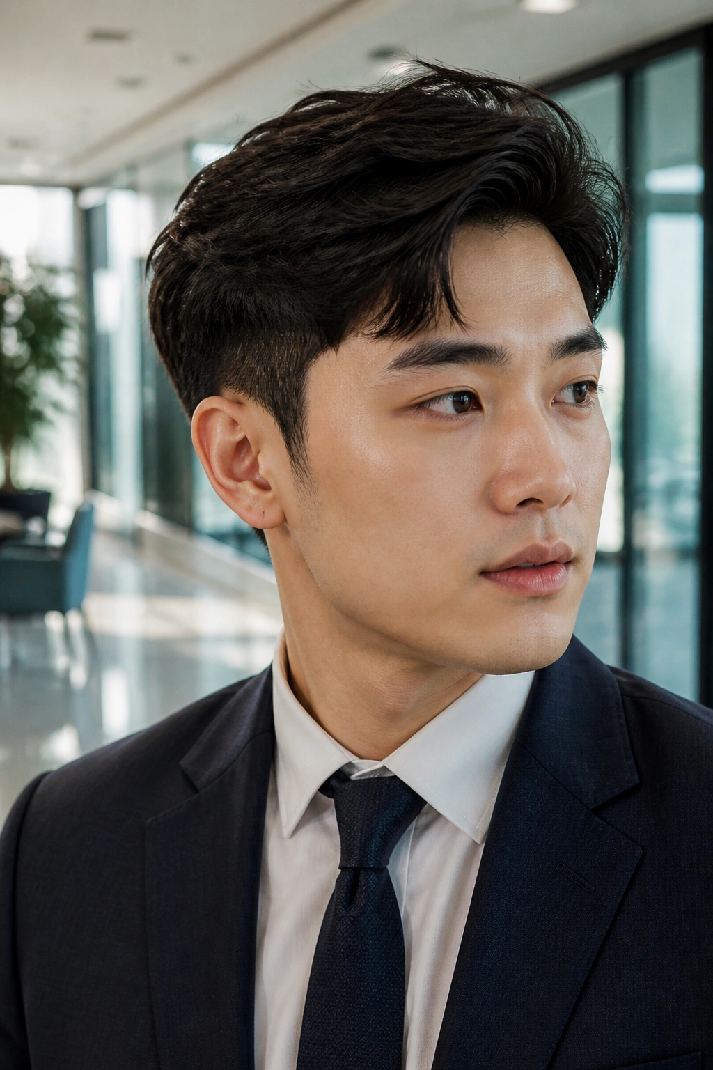 Close-up portrait of a real man with Korean Ivy League With Loose Volume in a bright office lobby.