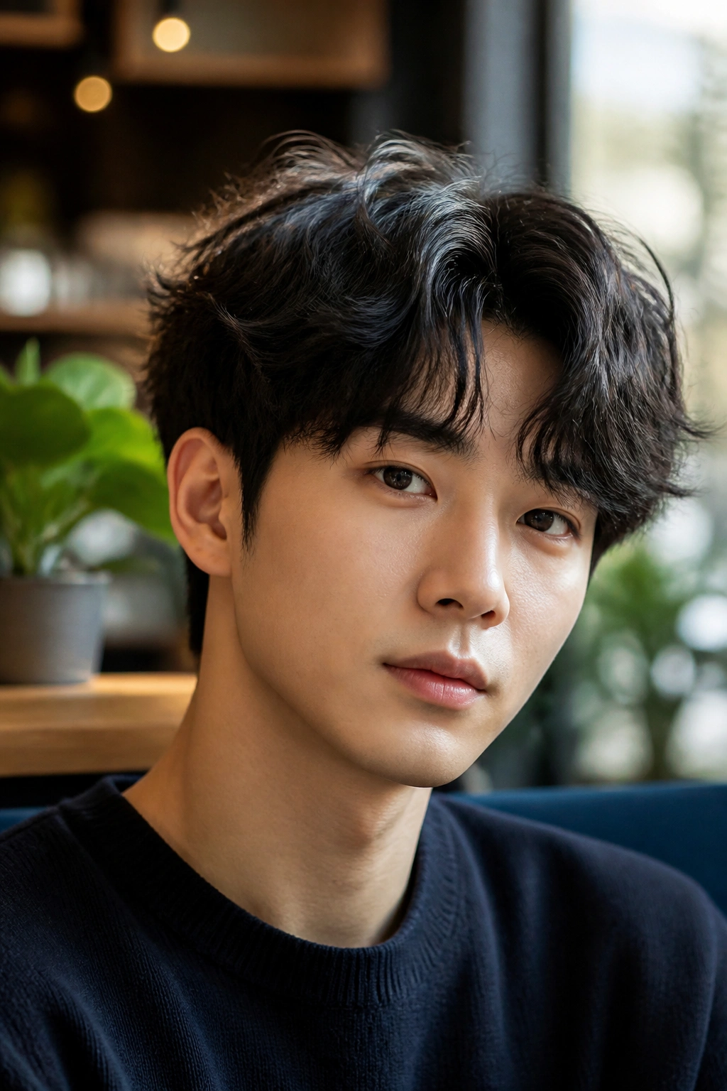 Man with Korean perm cut showing loose waves on medium-length hair.