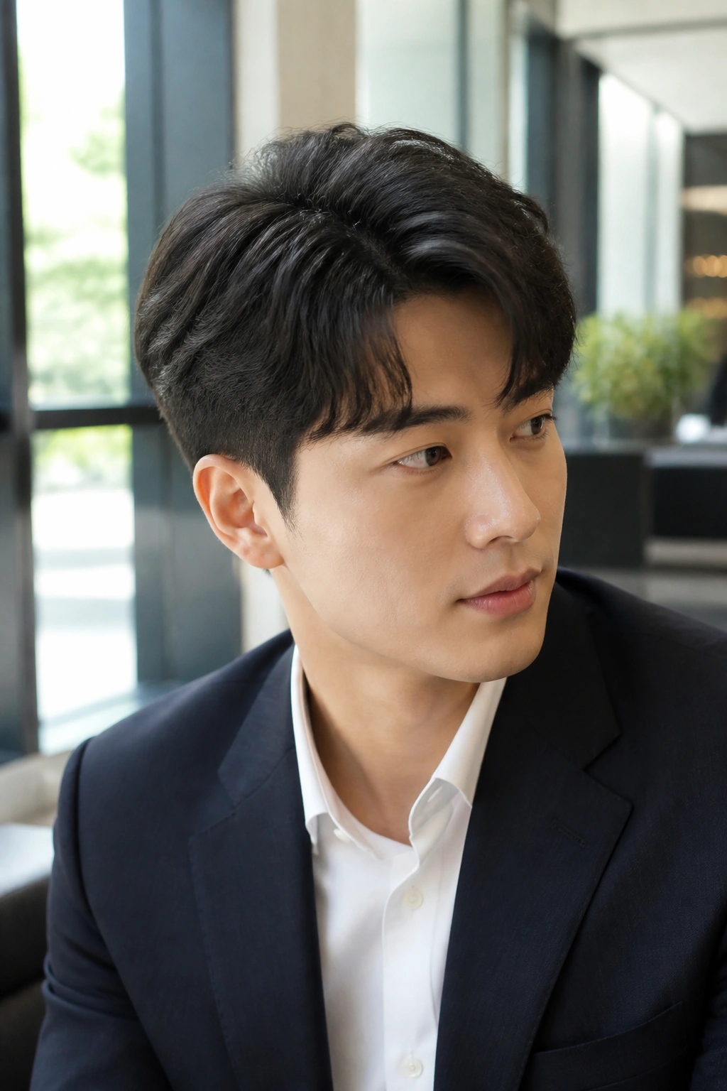 Man with Korean Ivy League haircut with loose texture.
