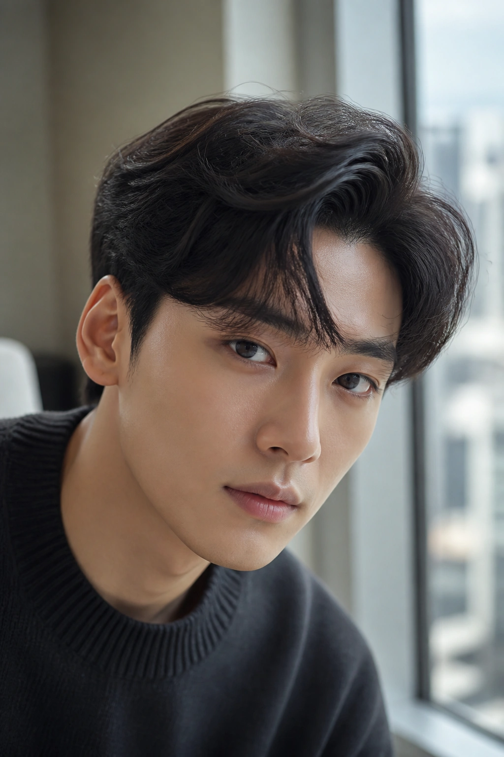 Real man with loose Korean perm and side-swept front indoors