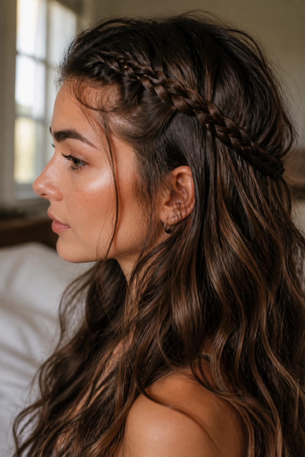 Side-profile of a woman with a lace braid along the hairline