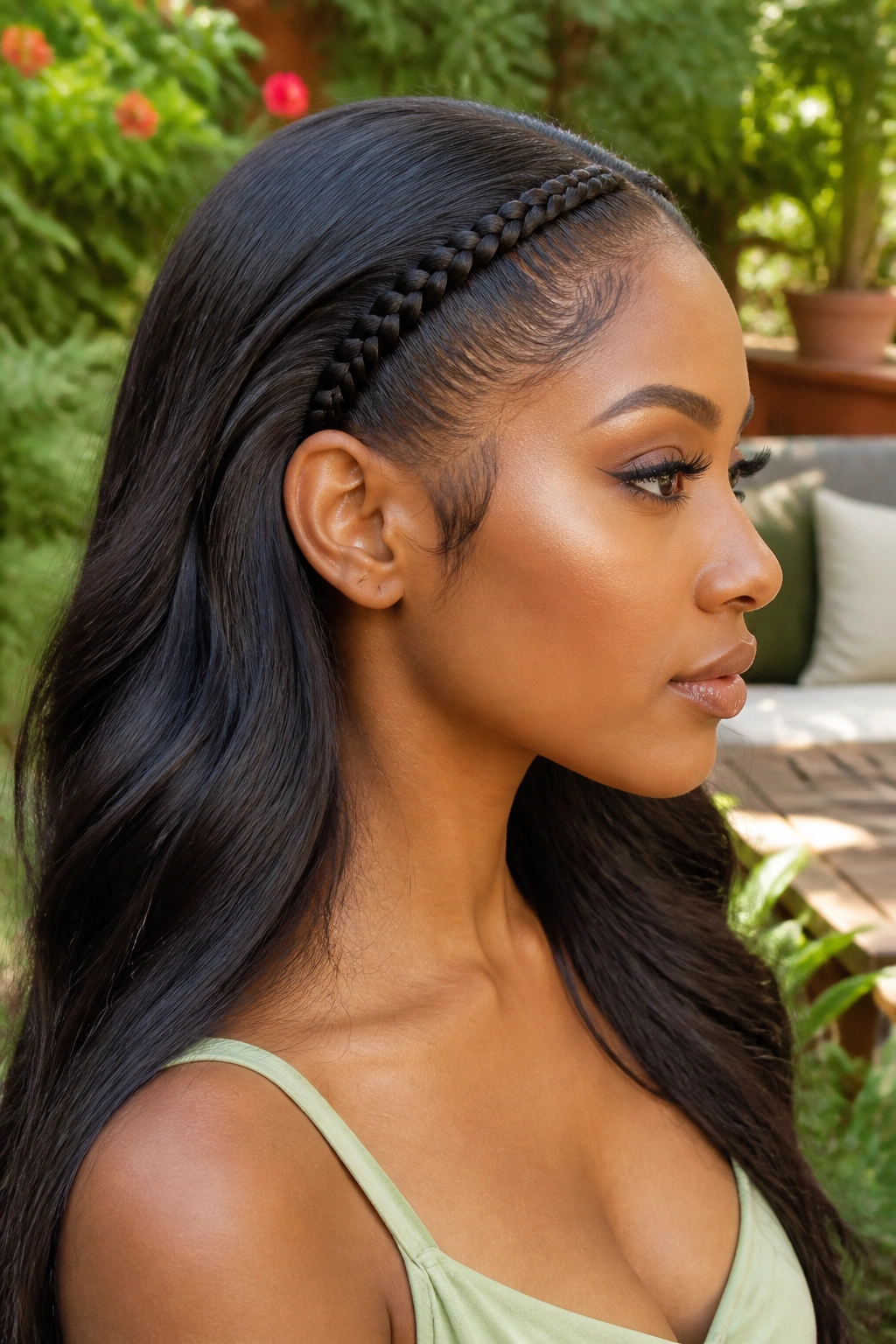 Side profile of a real woman wearing a lace braid along the hairline in a garden setting.