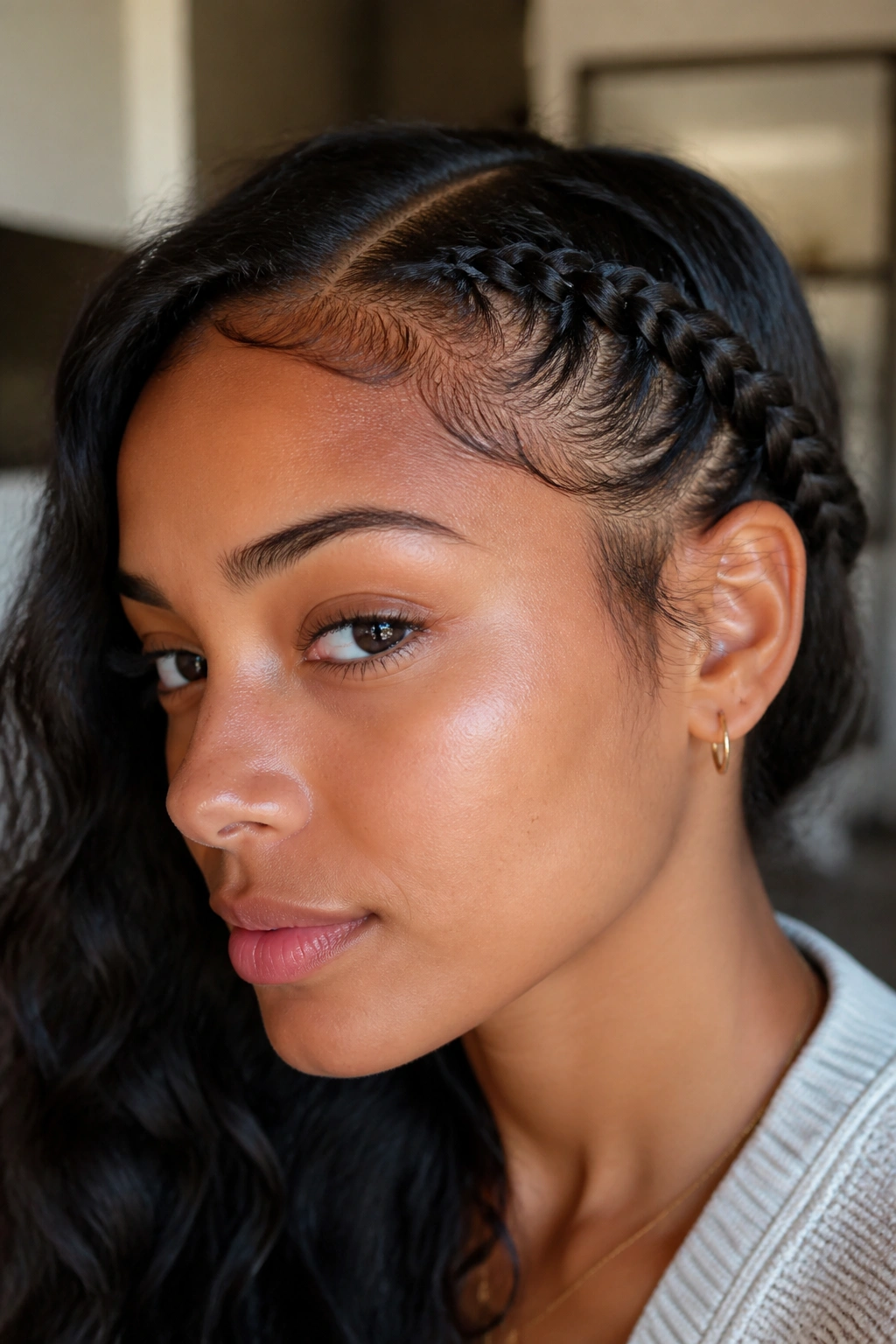 Close-up of a real woman with a lace braid tracing the hairline