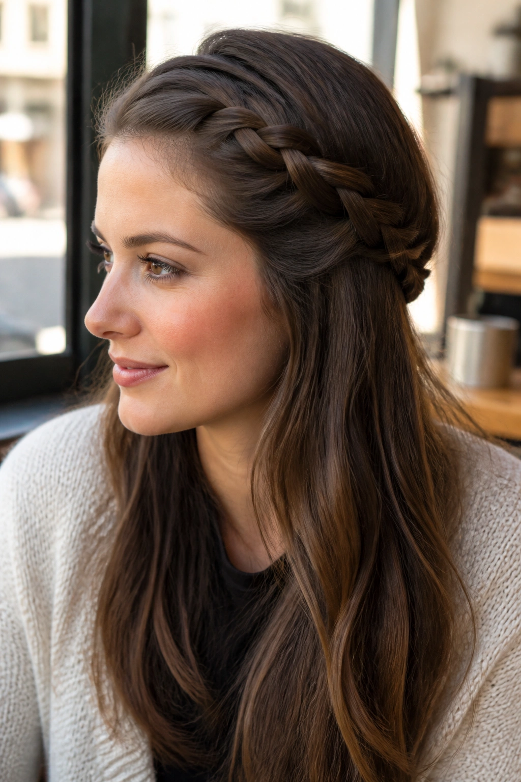 Close-up of a real woman with a lace braid half-up for long hair across the crown