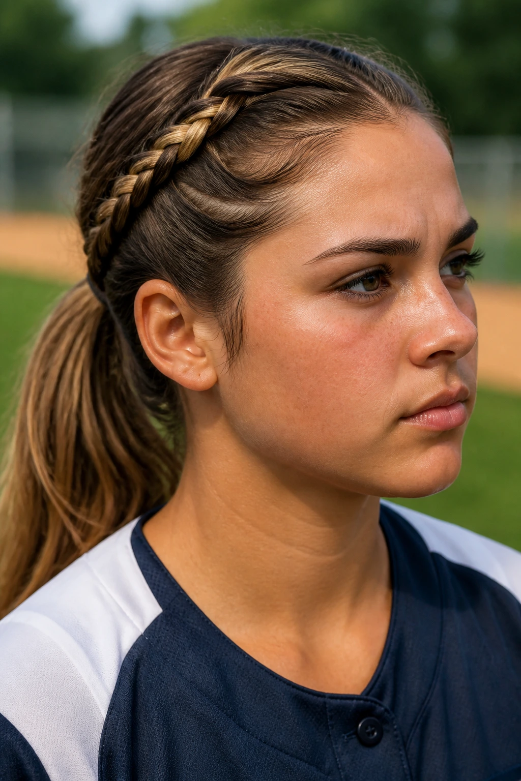 Lace braid into ponytail on a real softball player.