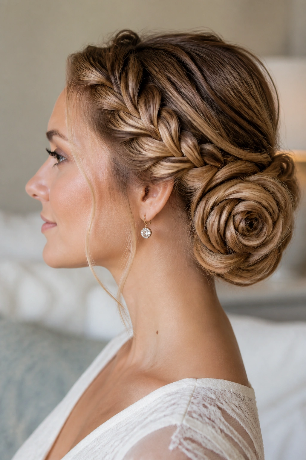Lace braid wrapped into a rose bun on a real person's head.