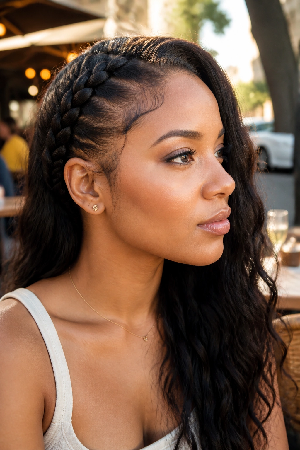 Close-up of real woman with lace braid along hairline
