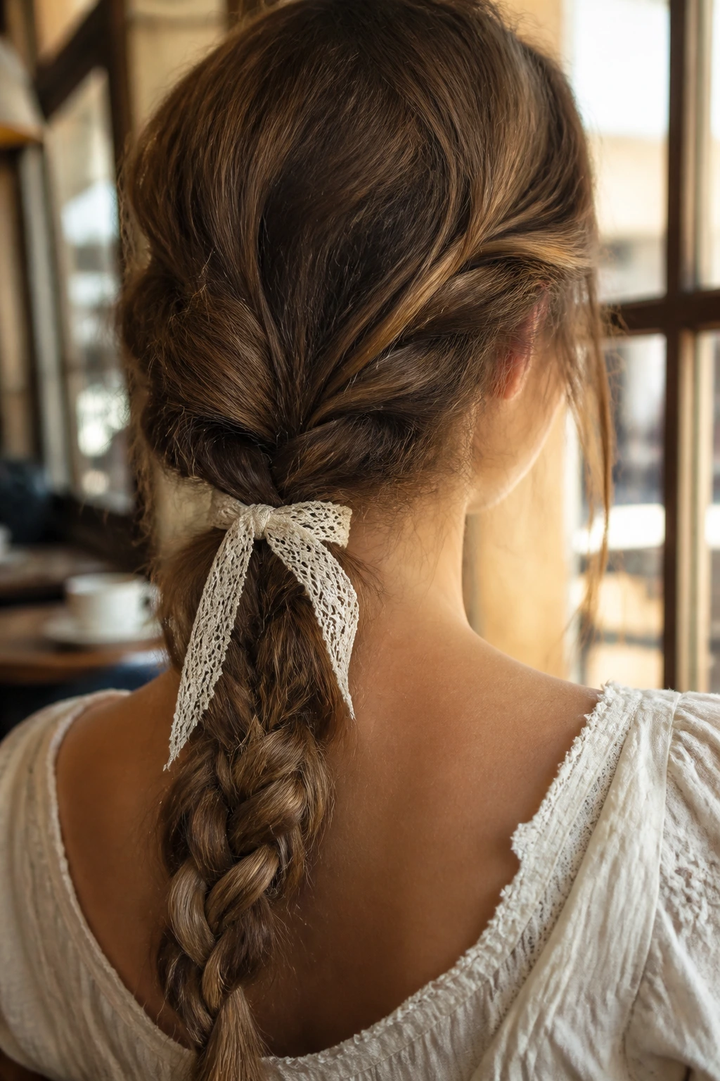 Close-up of lace trim tied near the nape on a real person's braid