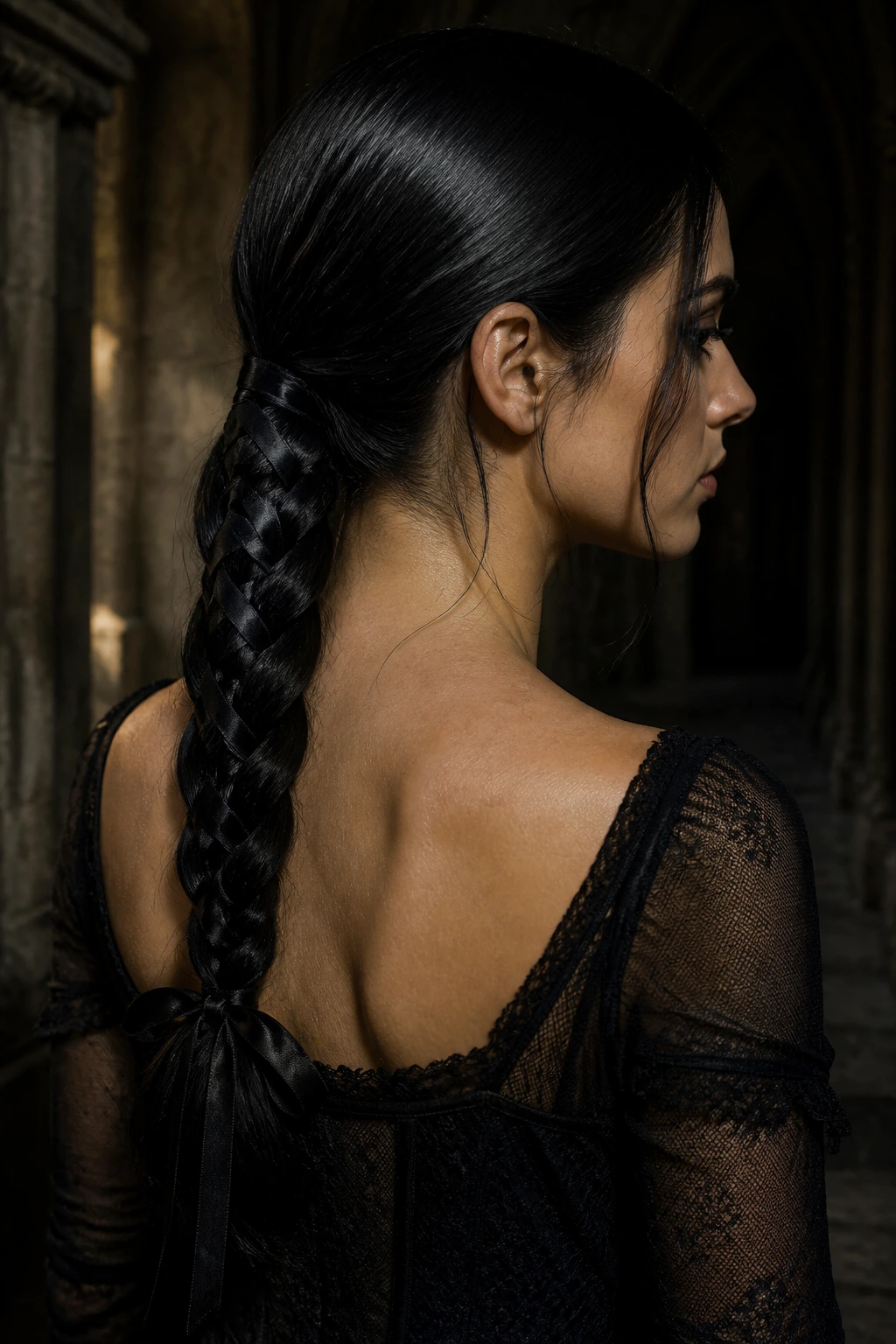 Portrait of a real person with a braided ponytail laced with ribbon for a gothic look.