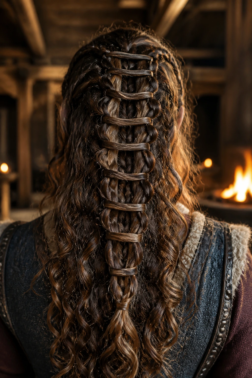 Back view close-up of a real woman with a ladder braid down the back among curly hair