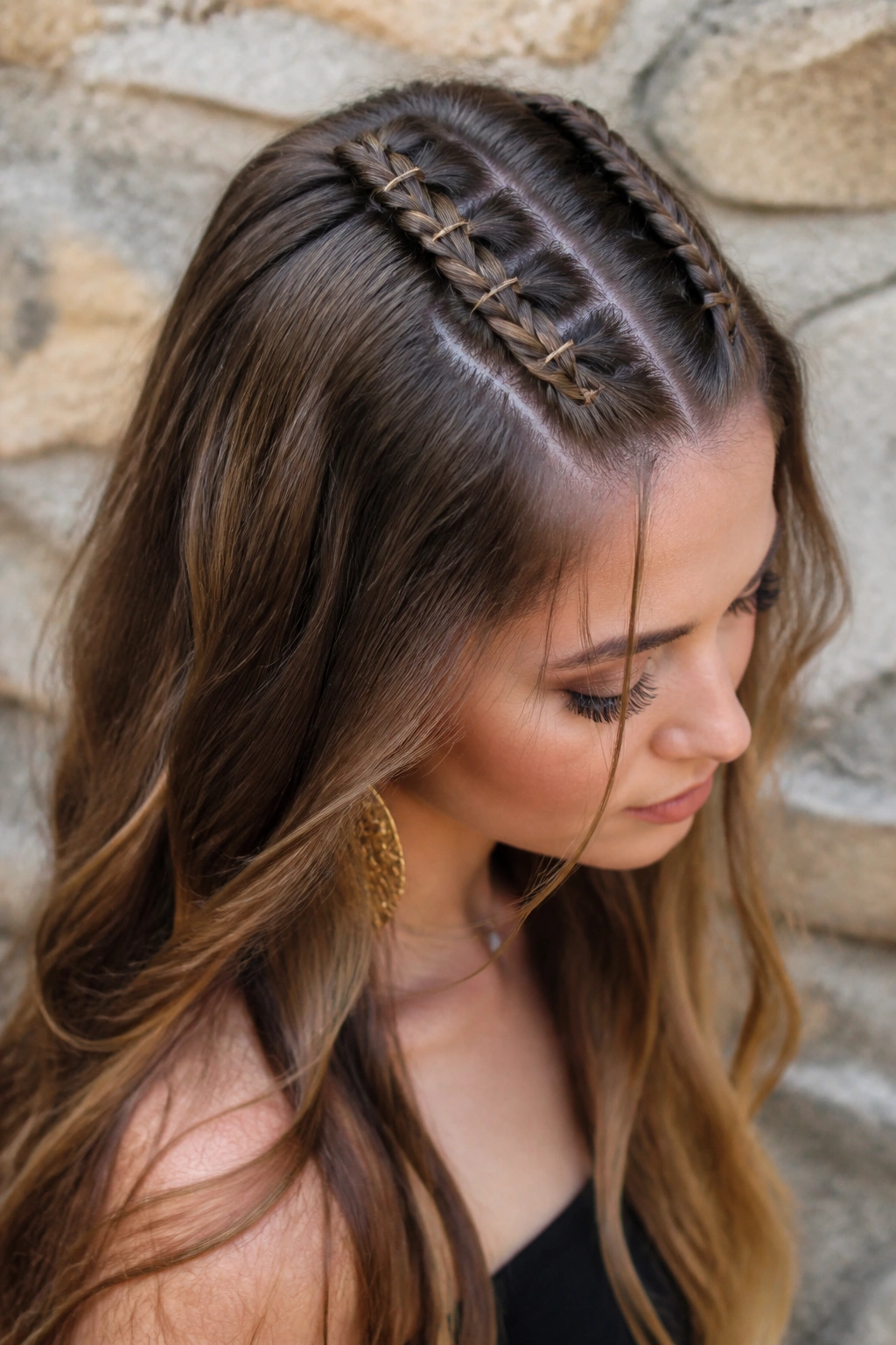 Close-up of a real woman with ladder braid pattern on long hair