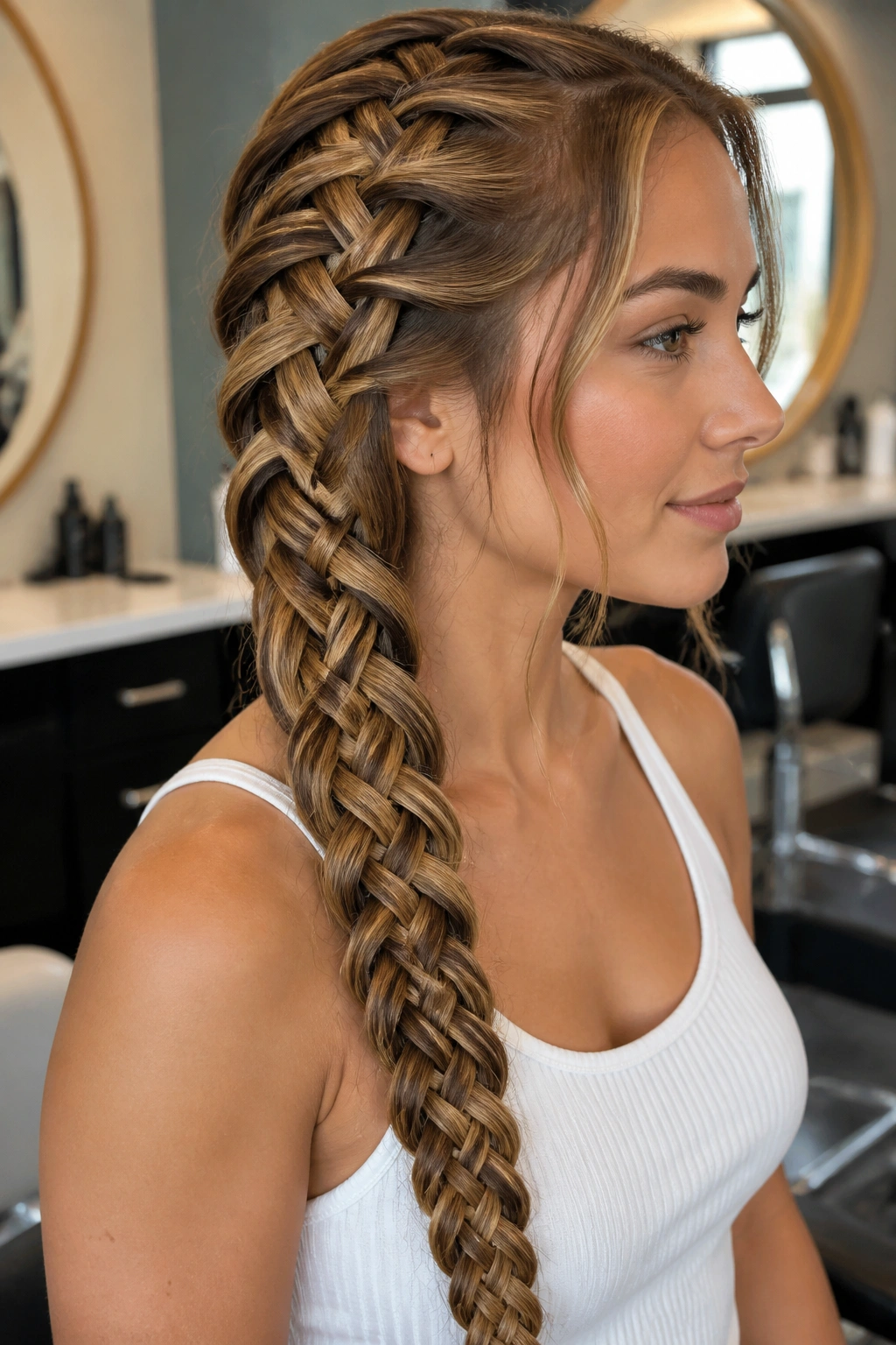 Close-up of a real woman's head showing a ladder braid with rung-like crossings in a salon