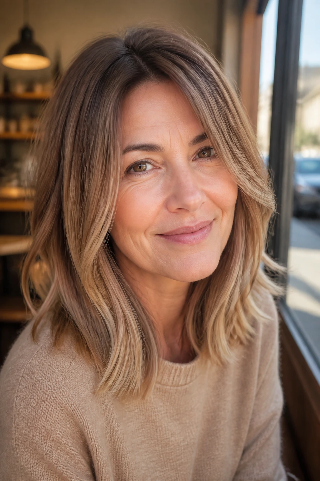 Close-up of a real woman with latte brown hair and beige ends, shoulder-length with soft layers