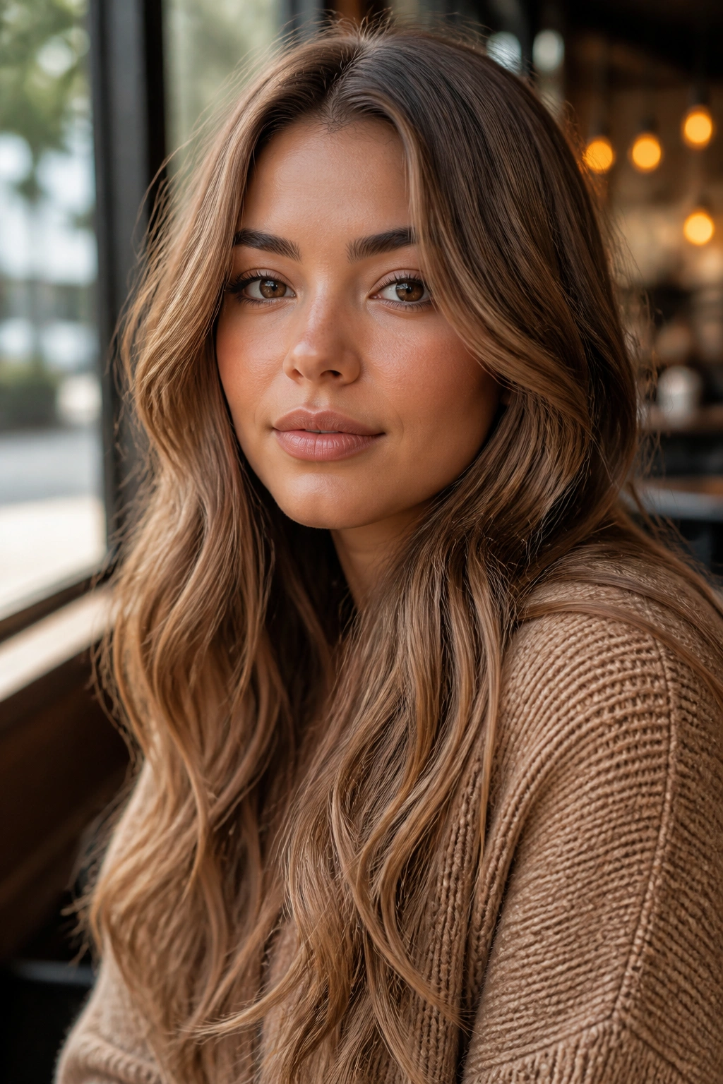 Close-up of a real woman with latte brown hair in creamy beige-brown shade