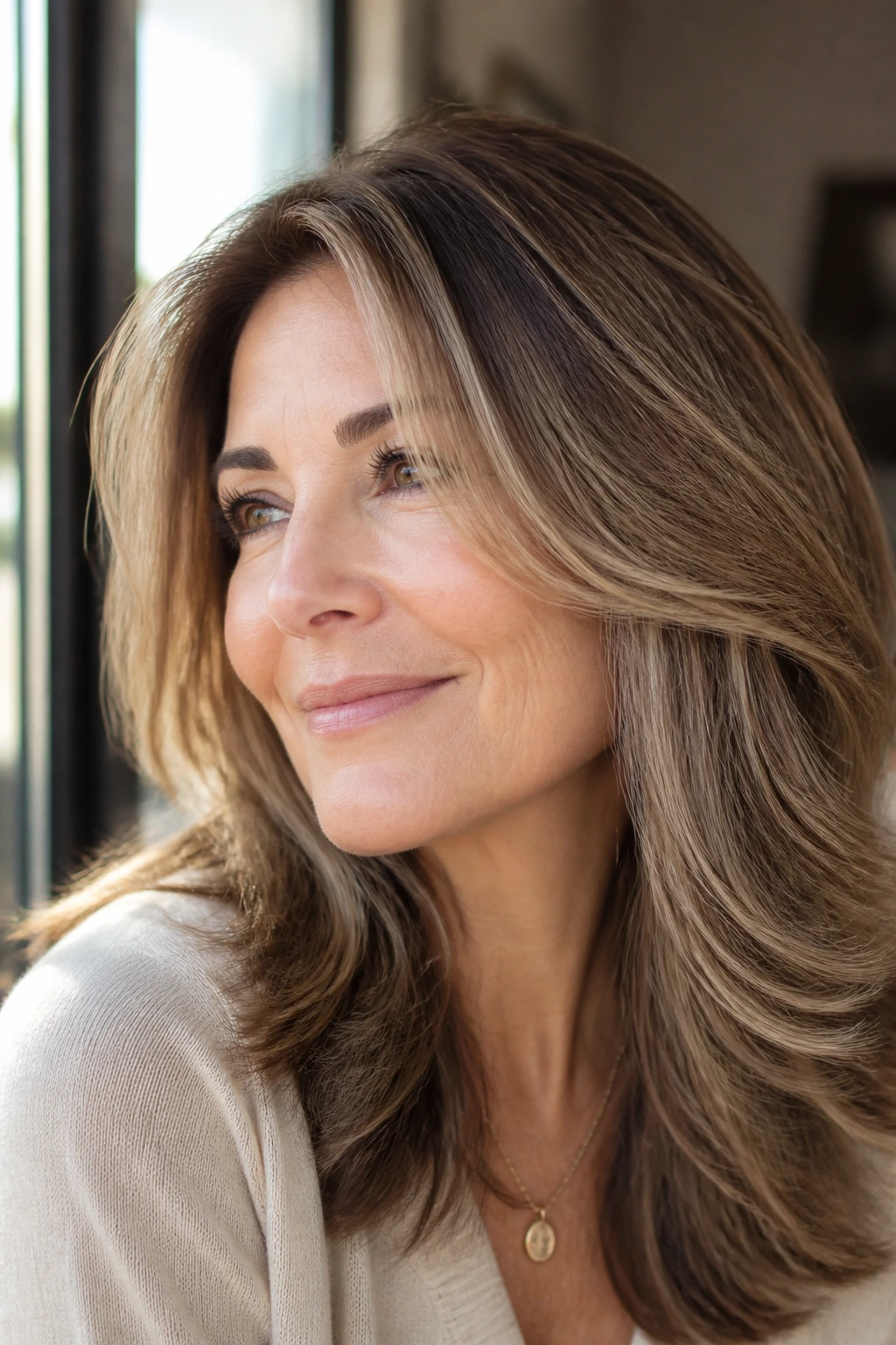 Close-up of latte brown hair with beige ribbons on a real woman in natural light