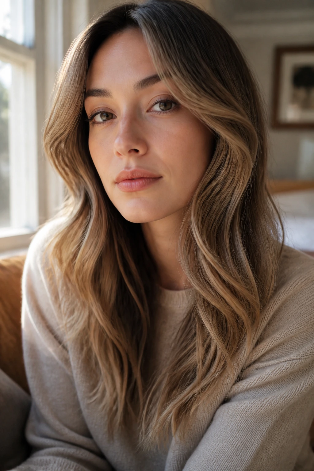Portrait of a woman with latte brunette hair by a sunlit window