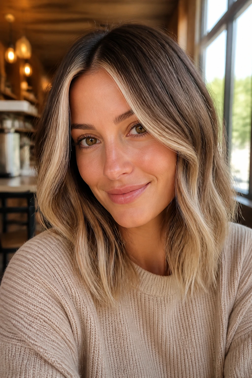 Close-up portrait of a real woman with latte ombre and money piece