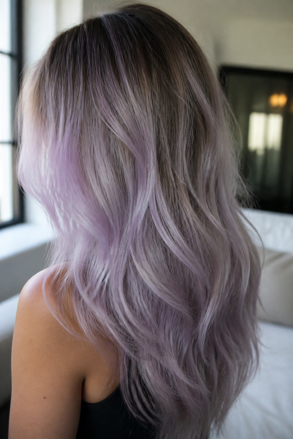Close-up of long lightened hair with a smoky lavender gradient.