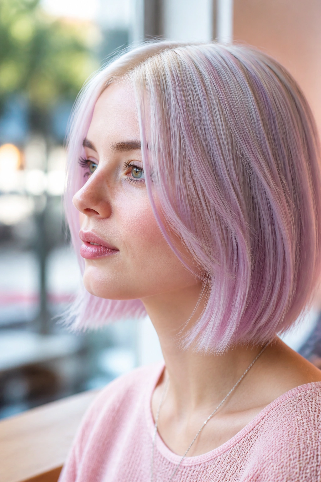 Close-up of a real person with pastel lavender on pale blonde hair in natural light