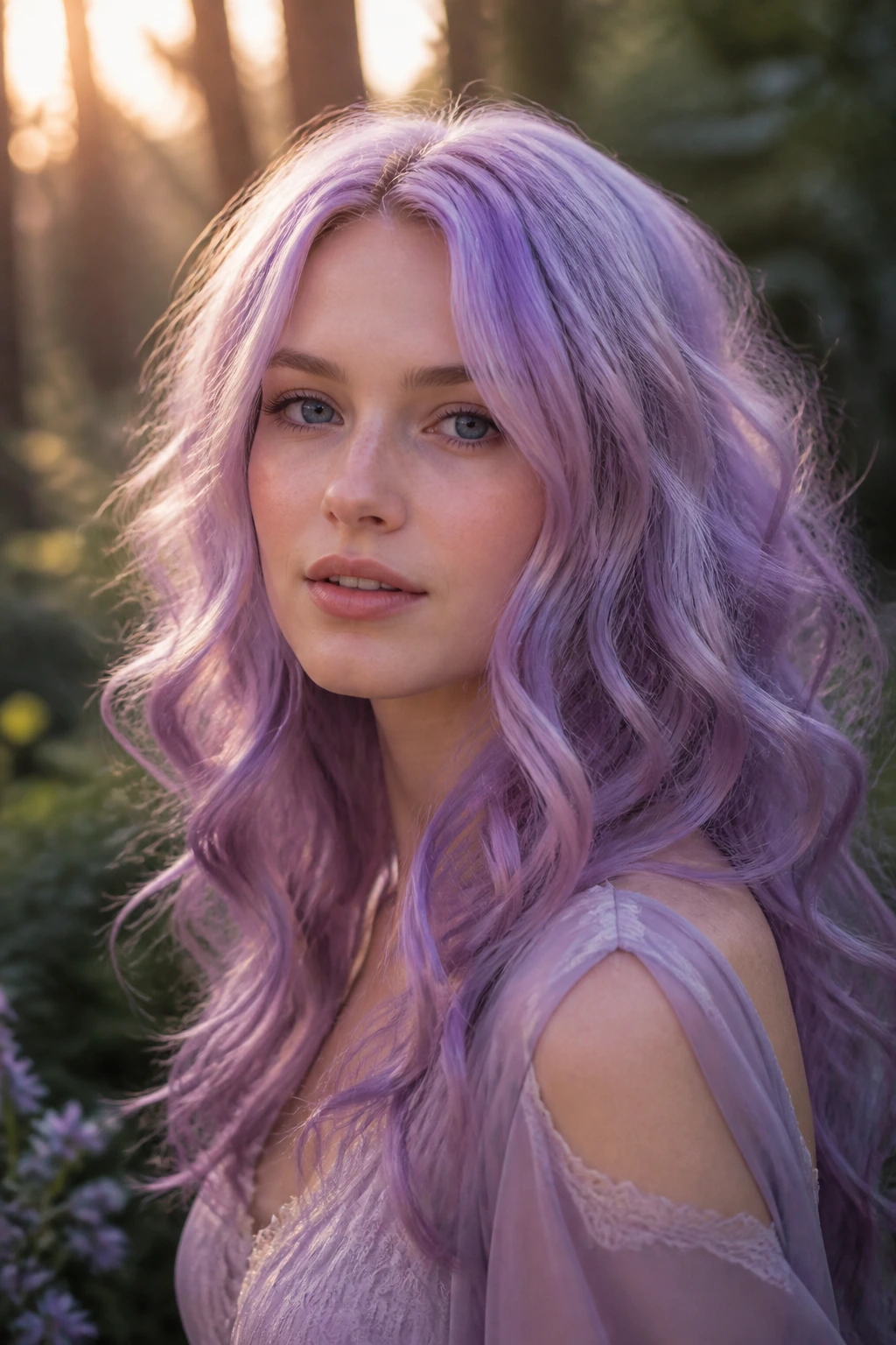 Close-up of a real person with lavender hair in a dusky garden setting.