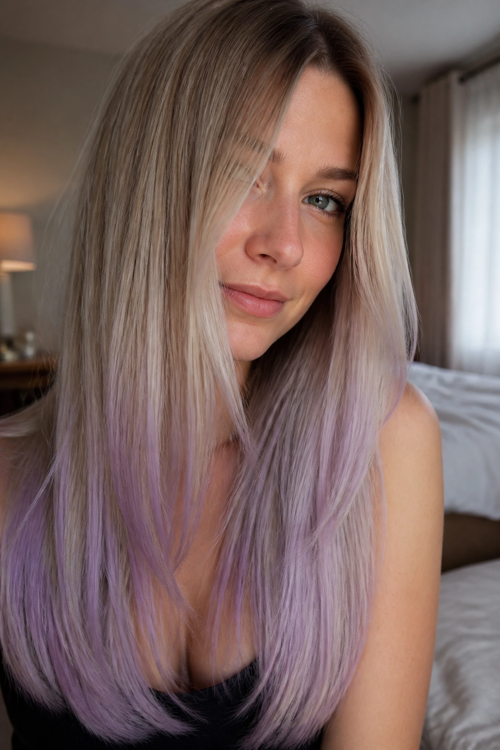 Close-up portrait of a real woman with lavender smoke ends on straight hair.