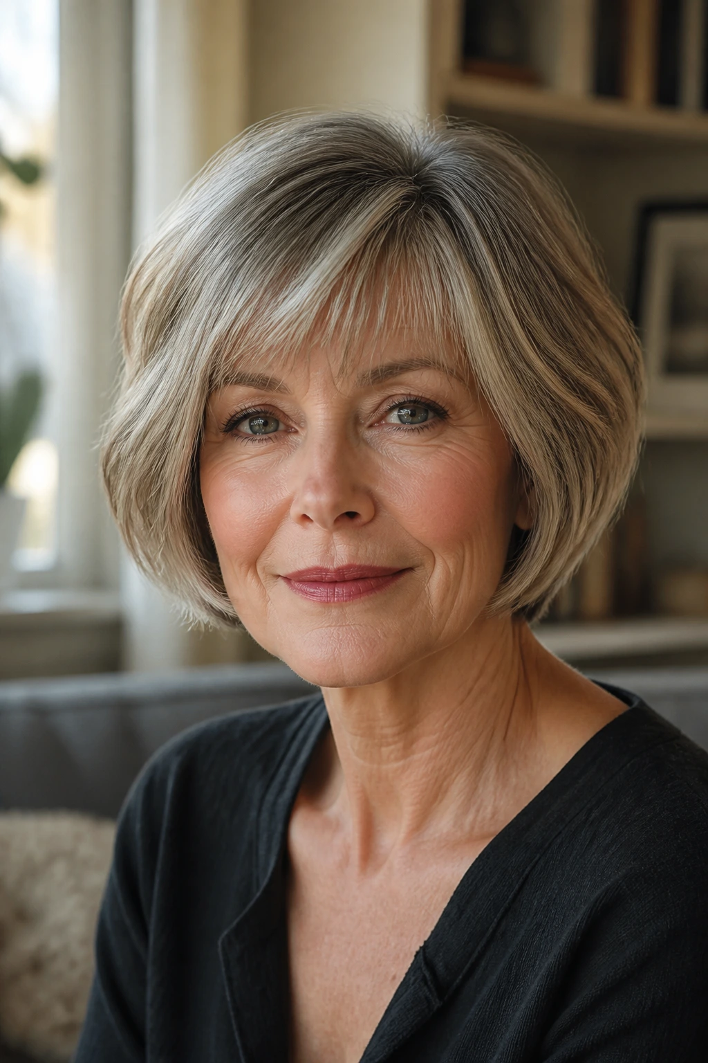 Close-up of a real woman with a layer-light French bob for thick hair.