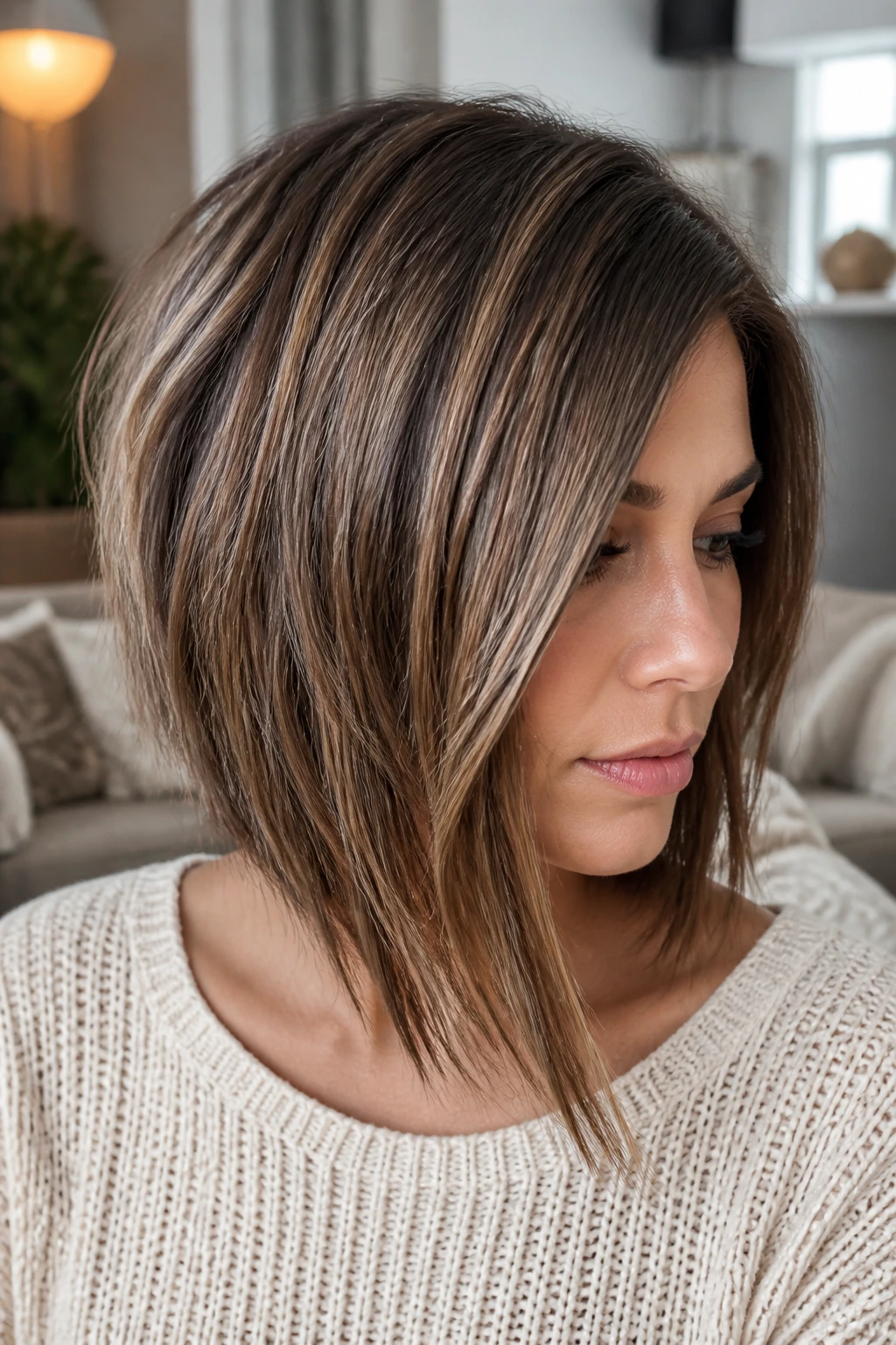 Close-up portrait of a real woman with a layered angled lob at shoulder length in natural light