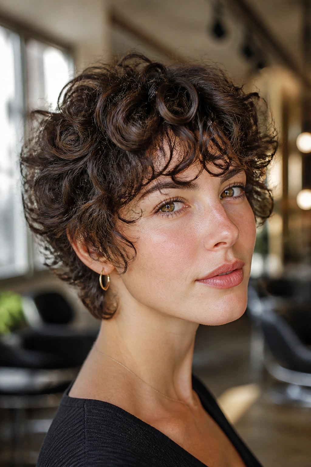 Close-up of layered bangs on a short curly crop on a real woman