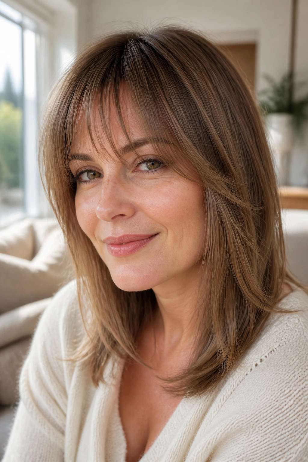 Real woman with layered bangs adding volume to fine hair in natural daylight