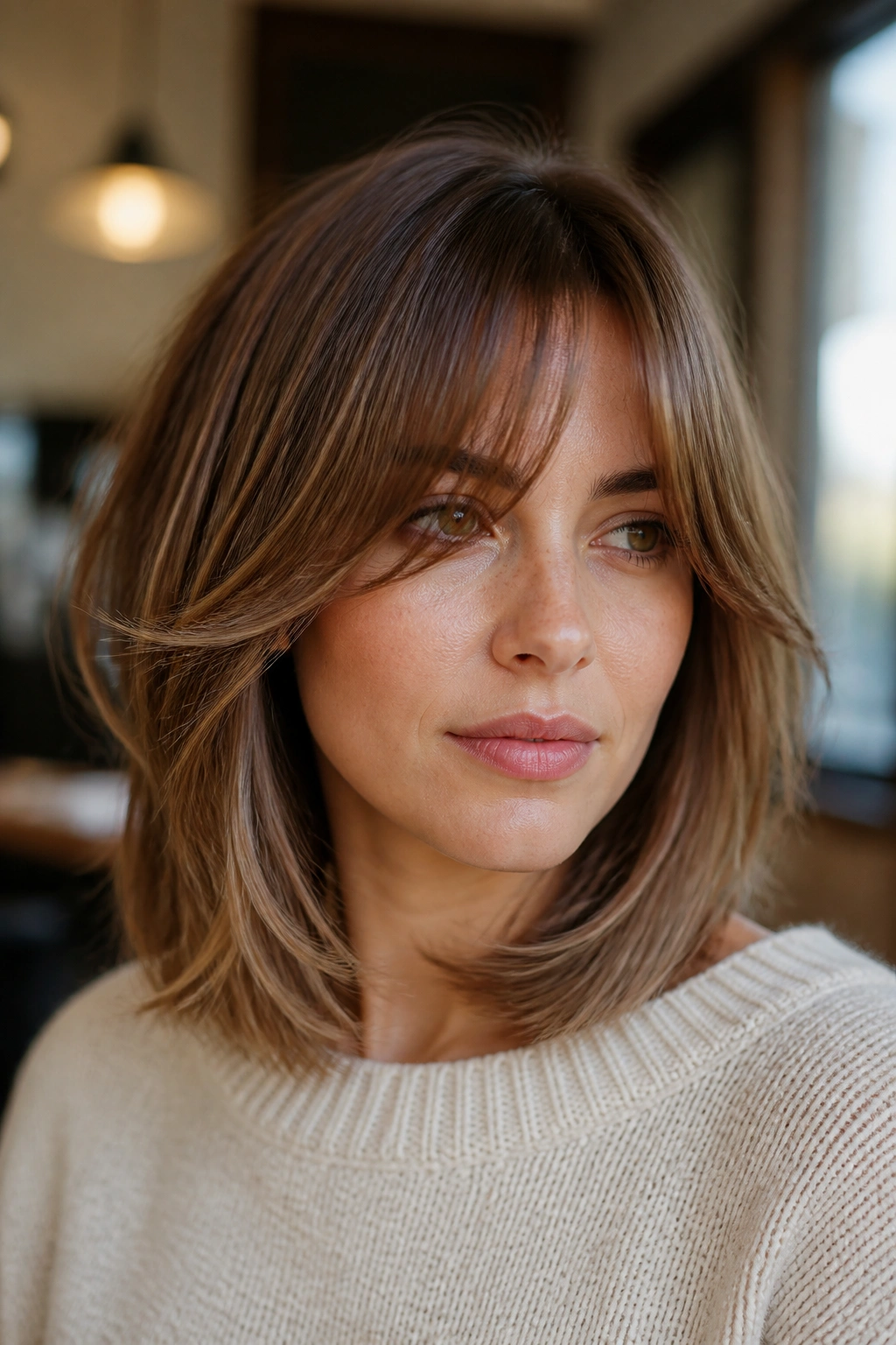 Close-up of a real woman with layered bangs blending into a collarbone-length lob, natural window light.