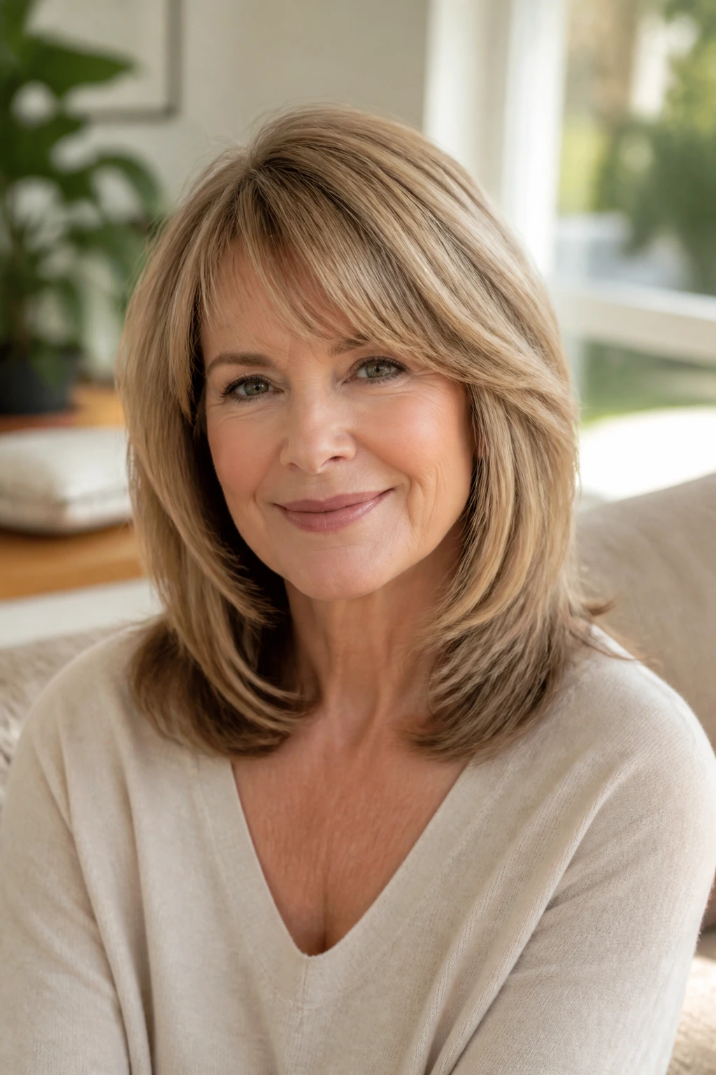 Medium close-up of layered bangs blending into shoulder-length hair