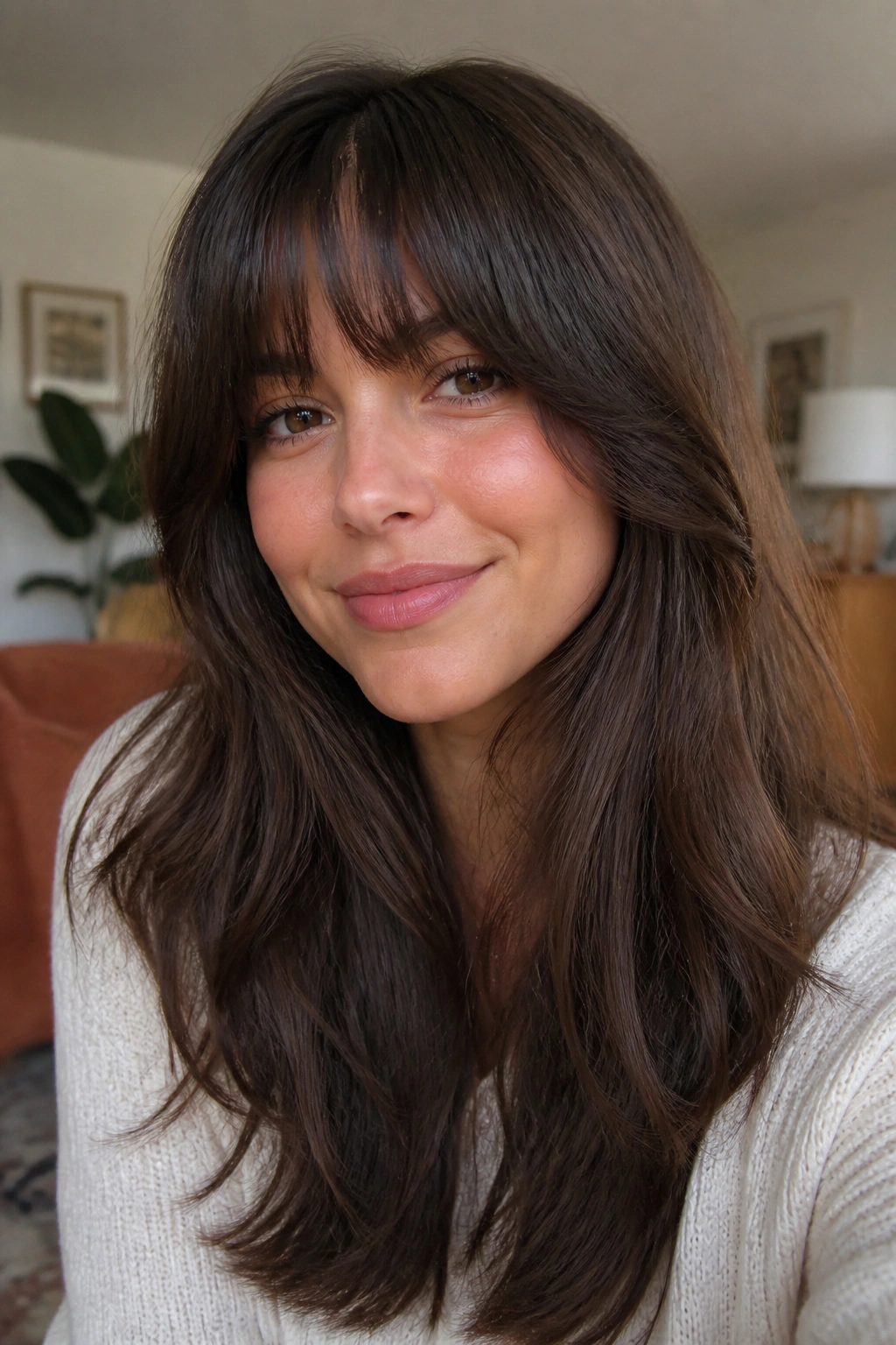 Close-up of a real woman with layered bangs on thick hair in warm light