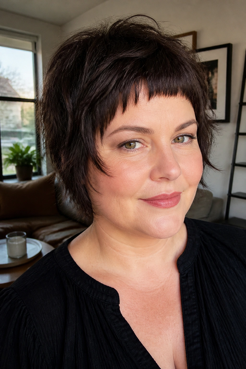 Real woman with layered bixie and micro bangs in a sunlit living room.
