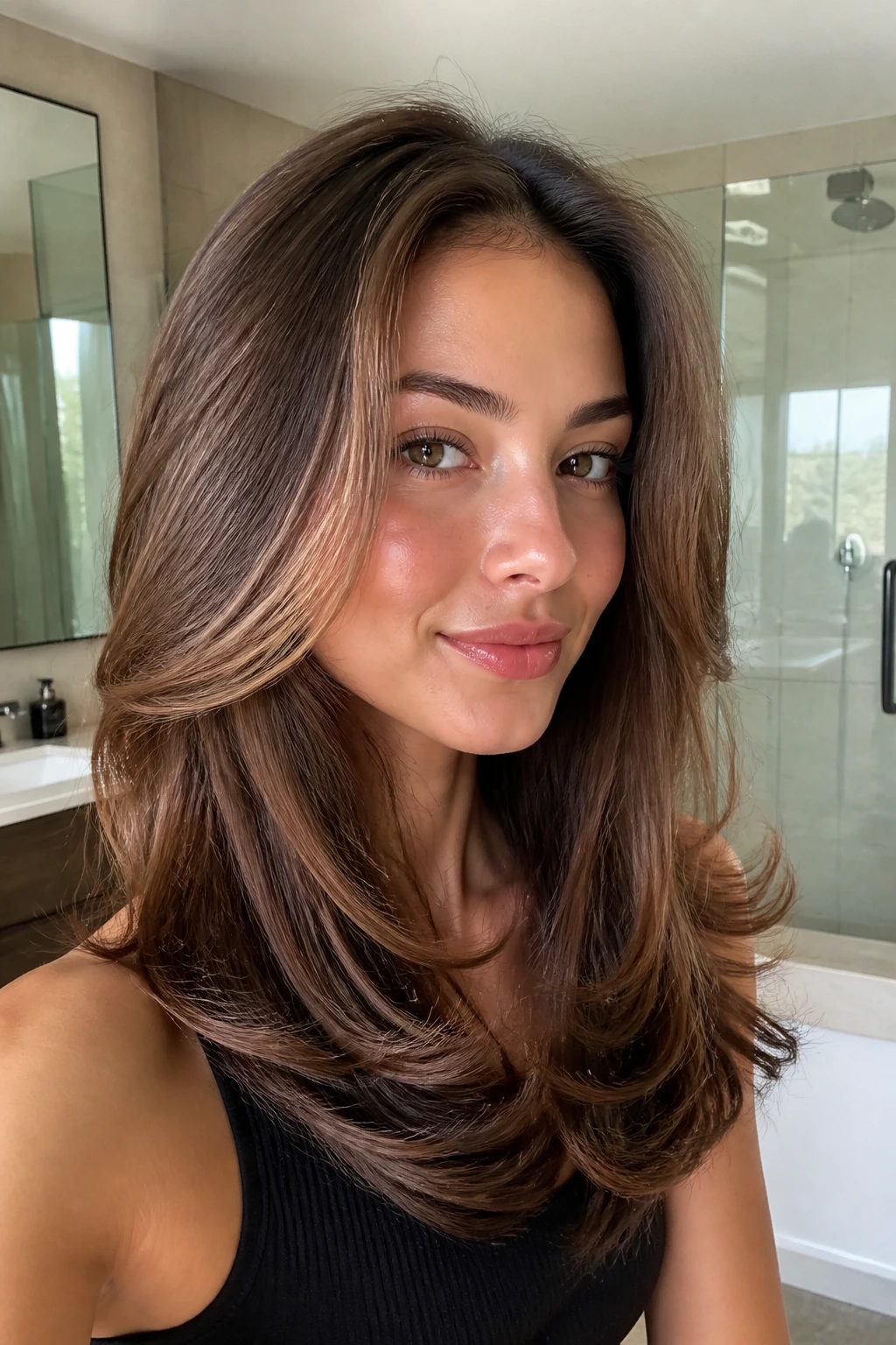 Close-up of layered blowout with flip ends on thick hair