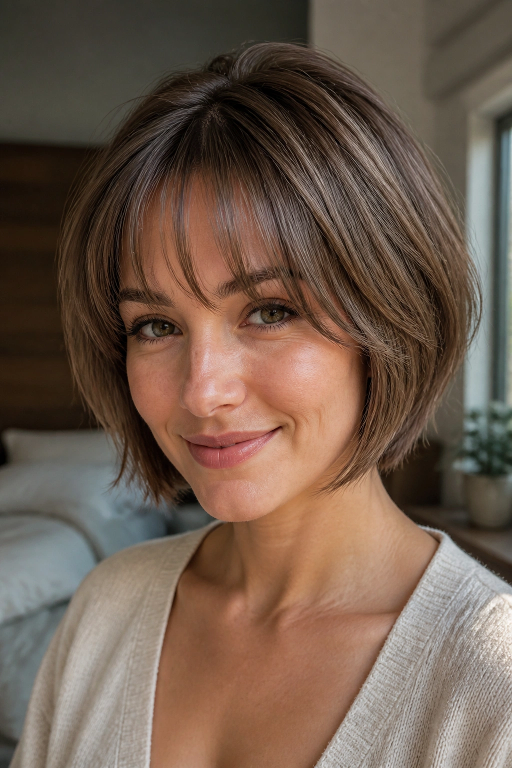 Close-up portrait of a real woman with a layered bob and airy bangs for fine hair, soft window light