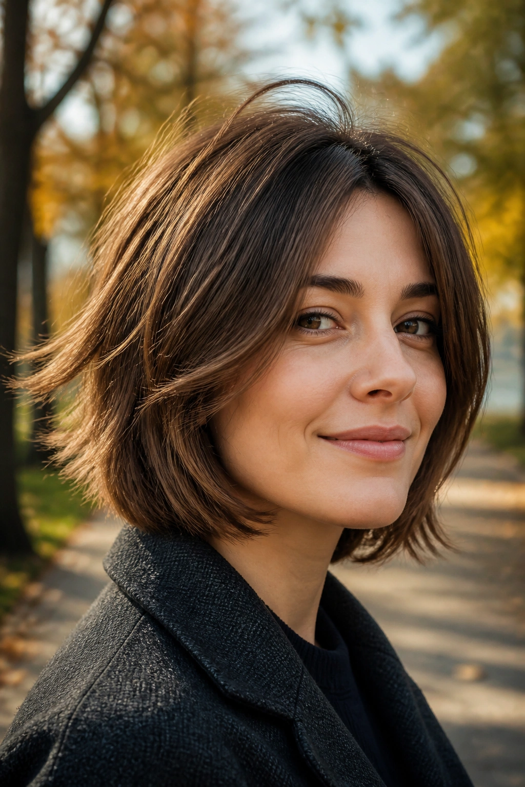 Close-up of a real woman with a layered bob showing airy movement in a park setting