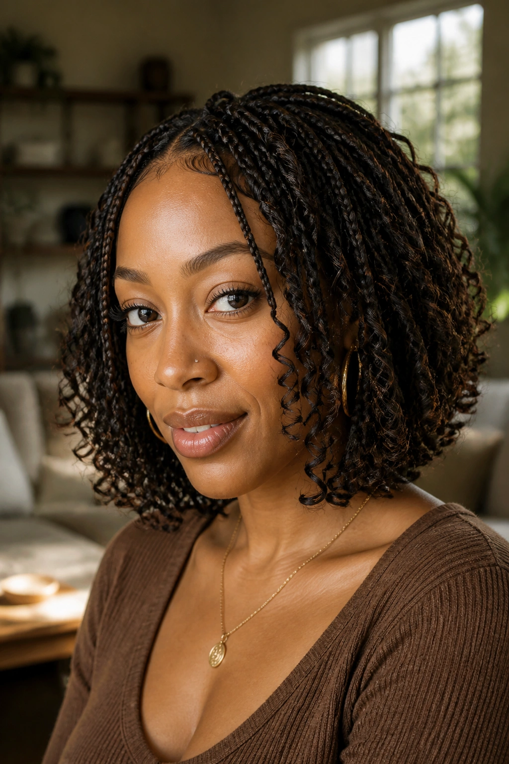 Layered bob with varied lengths and curly ends on a real person