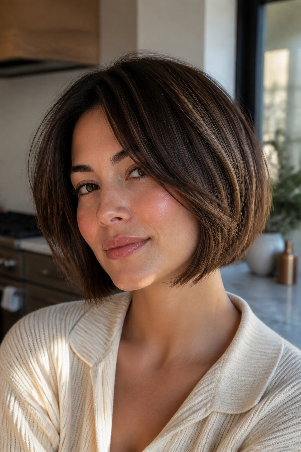 Close-up of a real woman with a layered chin-length bob that looks full