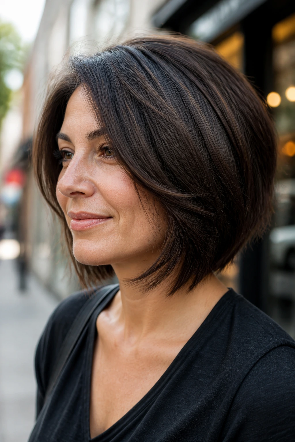 Portrait of a real woman with a layered bob for coarse hair showing mid-length weight removal.