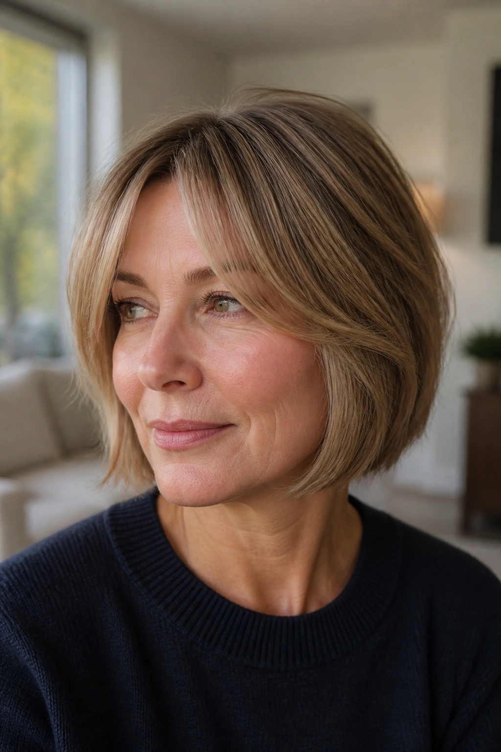 Close-up portrait of a real woman with layered chin-length bob and curtain bangs in living room light