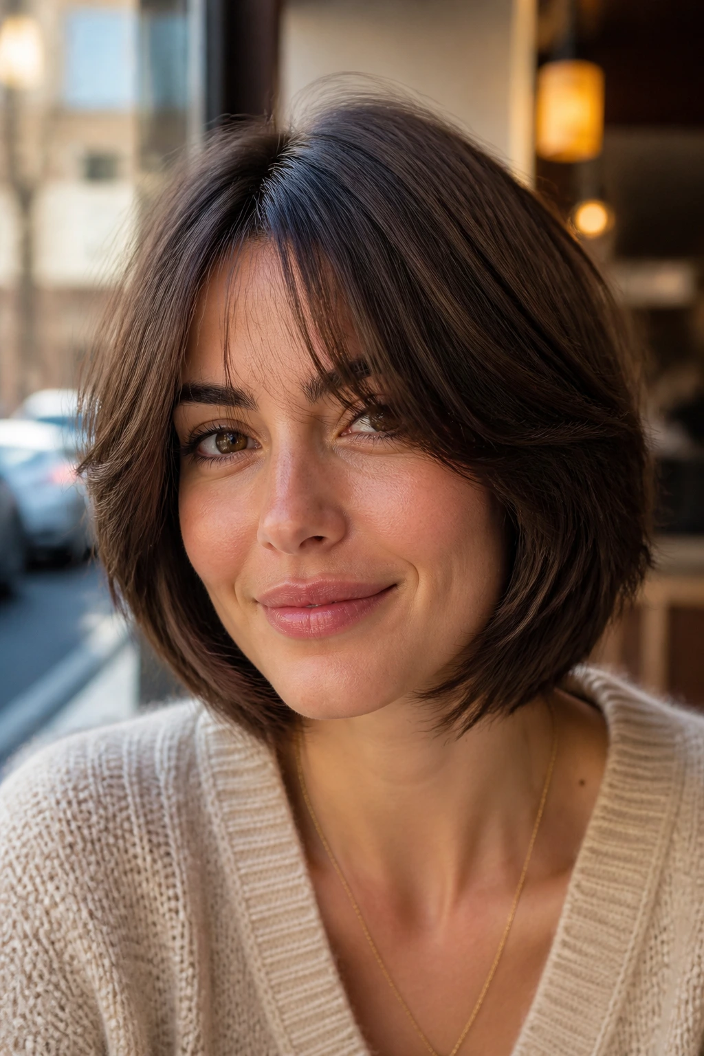 Close-up portrait of a real woman with layered bob and curtain bangs