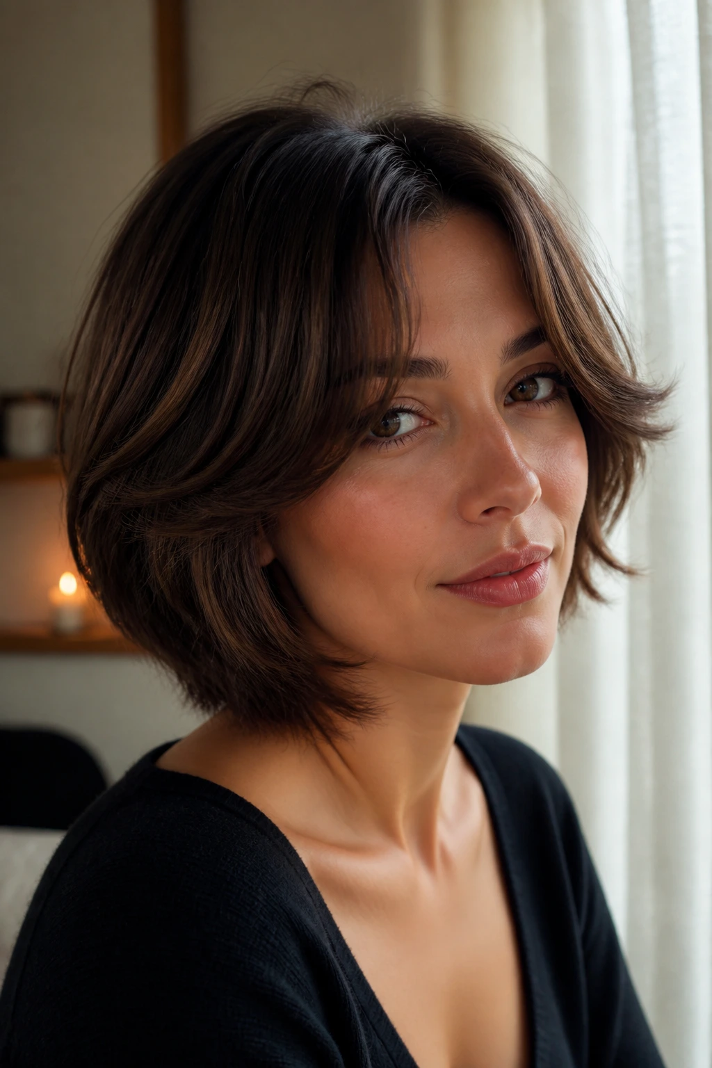 Close-up of a woman with layered bob and curtain bangs in a sunlit room