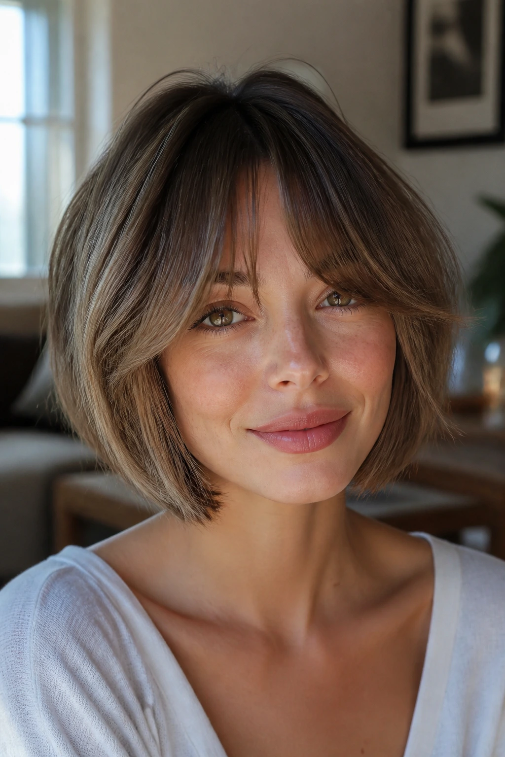 Close-up portrait of Layered Bob with Curtain Bangs on a real woman, warm window light