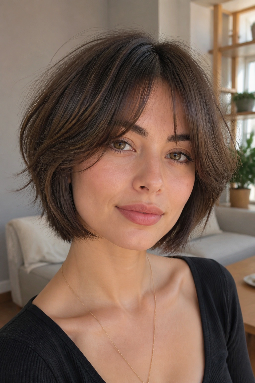 Portrait of a woman with layered bob and curtain bangs in natural light.